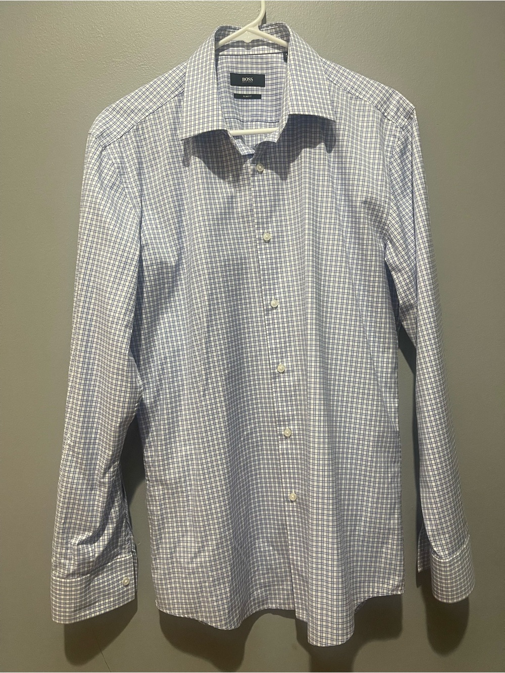 Hugo Boss BOSS Light Blue and White Gingham Dress Shirt Sz 16 - 41